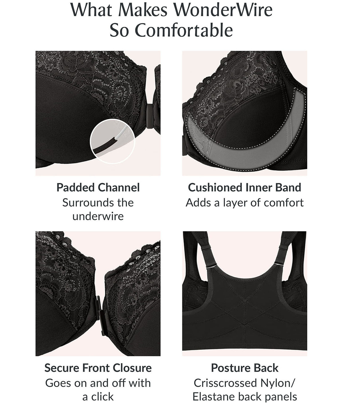 WonderWire Front-Close Posture Back Lace Bra
