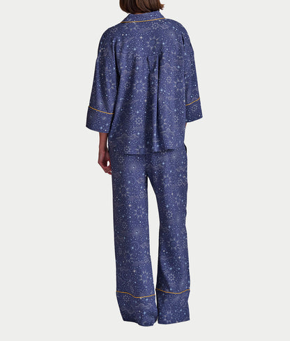 Woven 3/4 Sleeve Button-Down Top and Long Pant Set