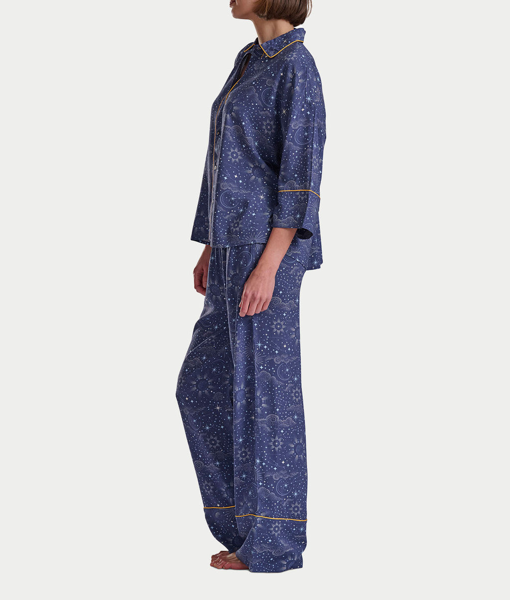 Woven 3/4 Sleeve Button-Down Top and Long Pant Set