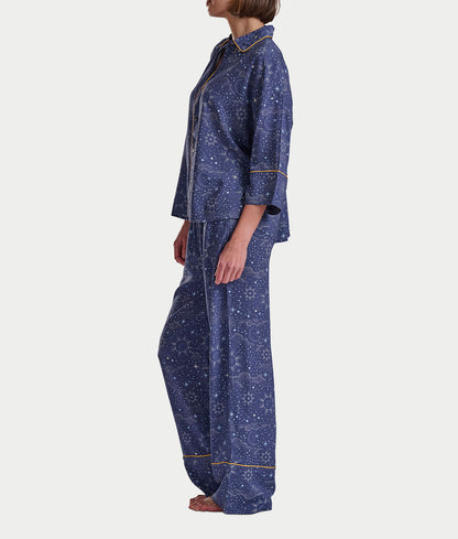 Woven 3/4 Sleeve Button-Down Top and Long Pant Set