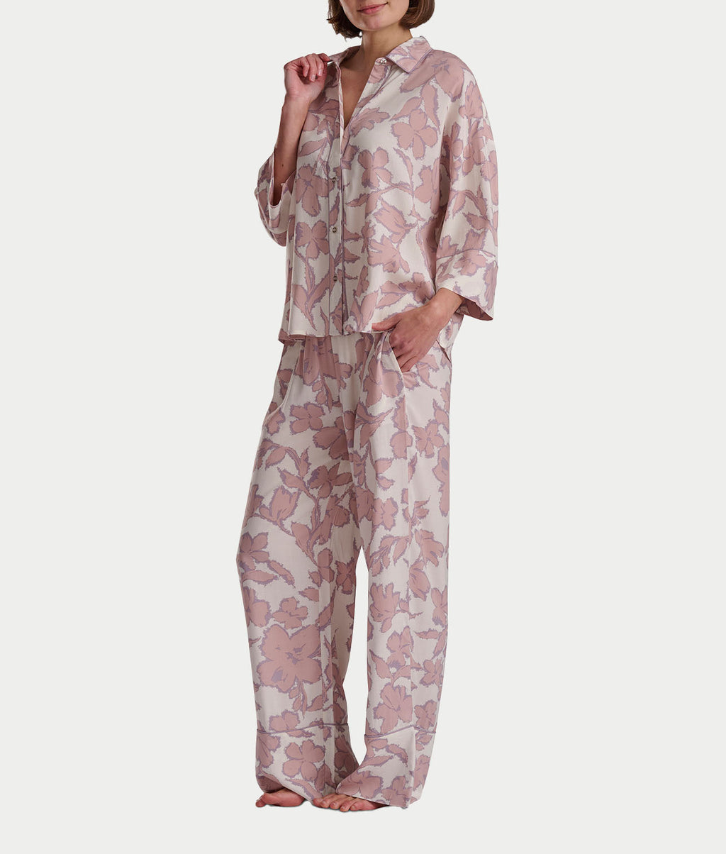 Woven 3/4 Sleeve Button-Down Top and Long Pant Set