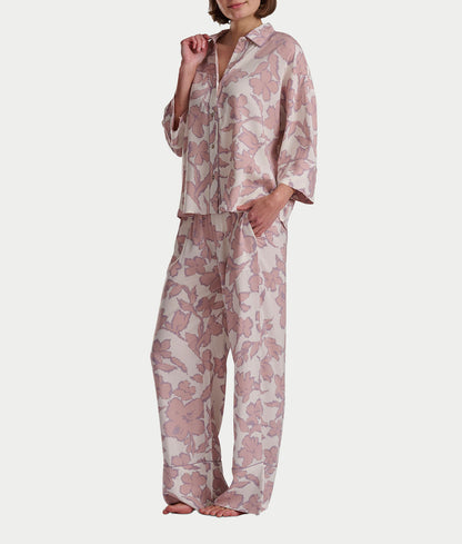 Woven 3/4 Sleeve Button-Down Top and Long Pant Set
