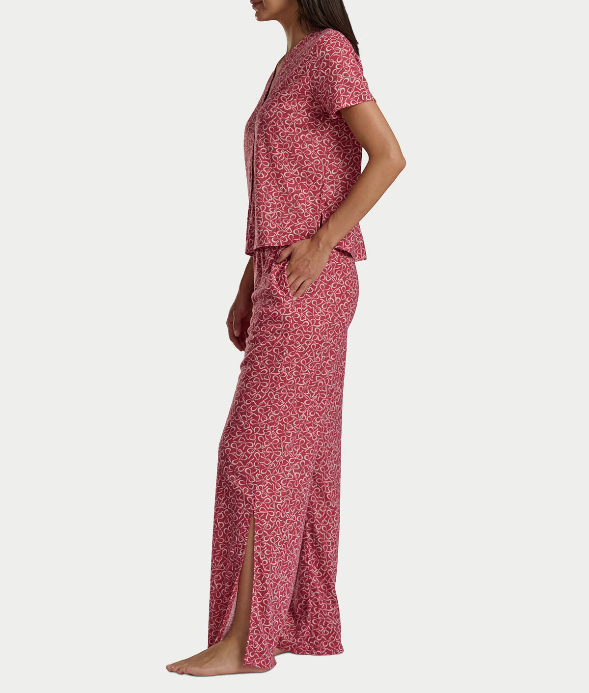 Pointelle Short Sleeve Button-Down Top and Long Pant Set
