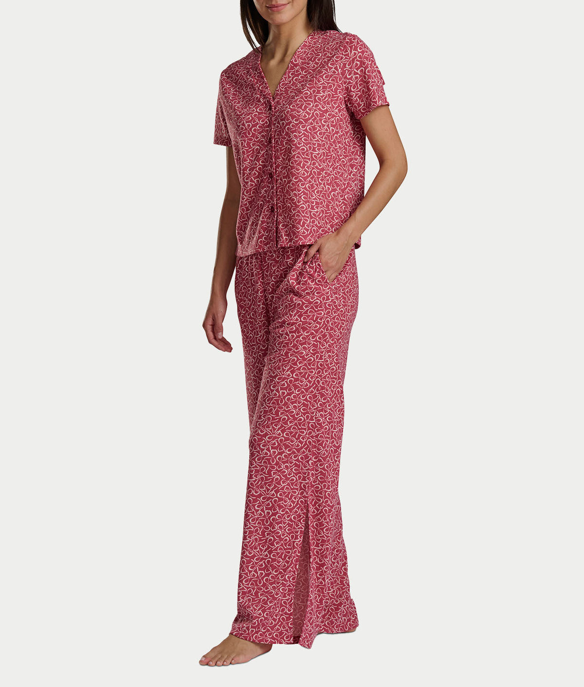 Pointelle Short Sleeve Button-Down Top and Long Pant Set