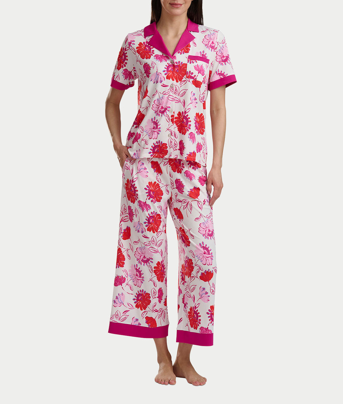 Notch Collar Knit Cropped Pajama Set