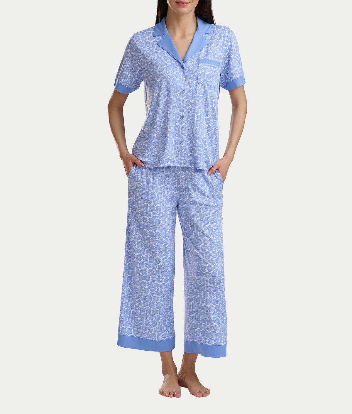 Notch Collar Knit Cropped Pajama Set