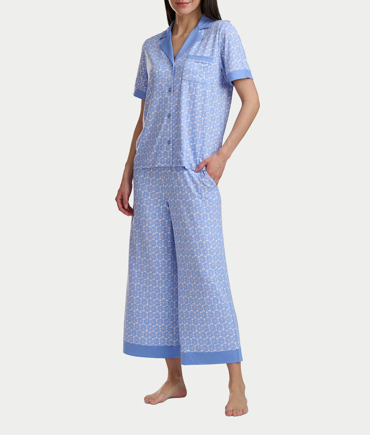 Notch Collar Knit Cropped Pajama Set