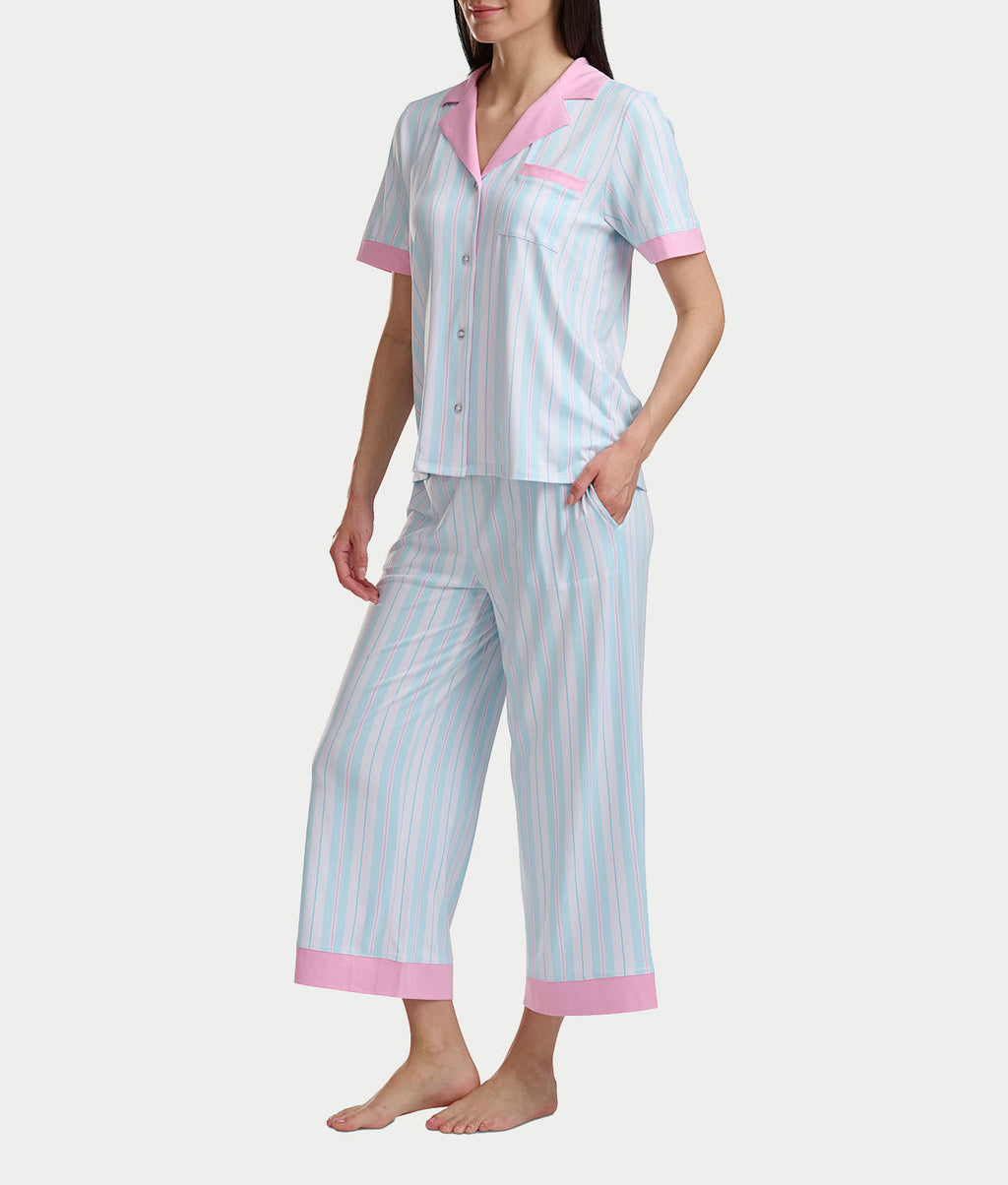 Notch Collar Knit Cropped Pajama Set