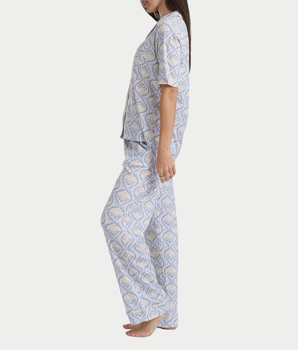 Notch Collar Elbow Sleeve Pajama Set