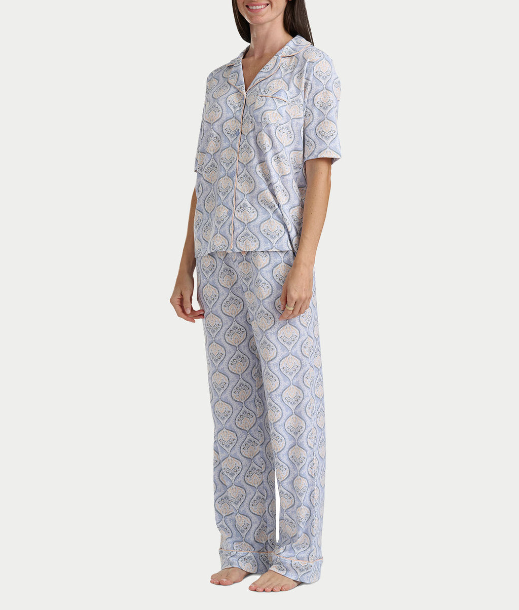 Notch Collar Elbow Sleeve Pajama Set