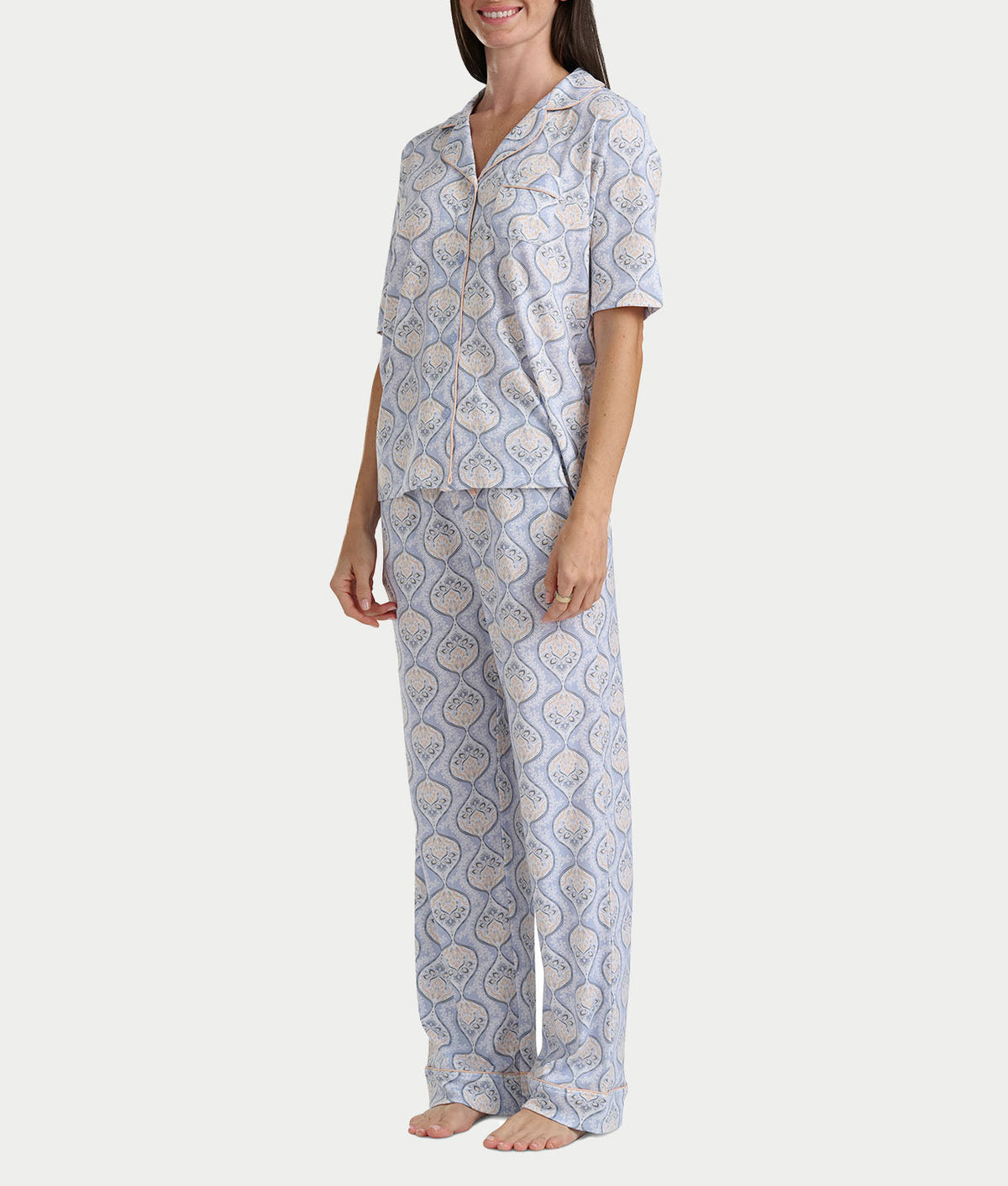 Notch Collar Elbow Sleeve Pajama Set