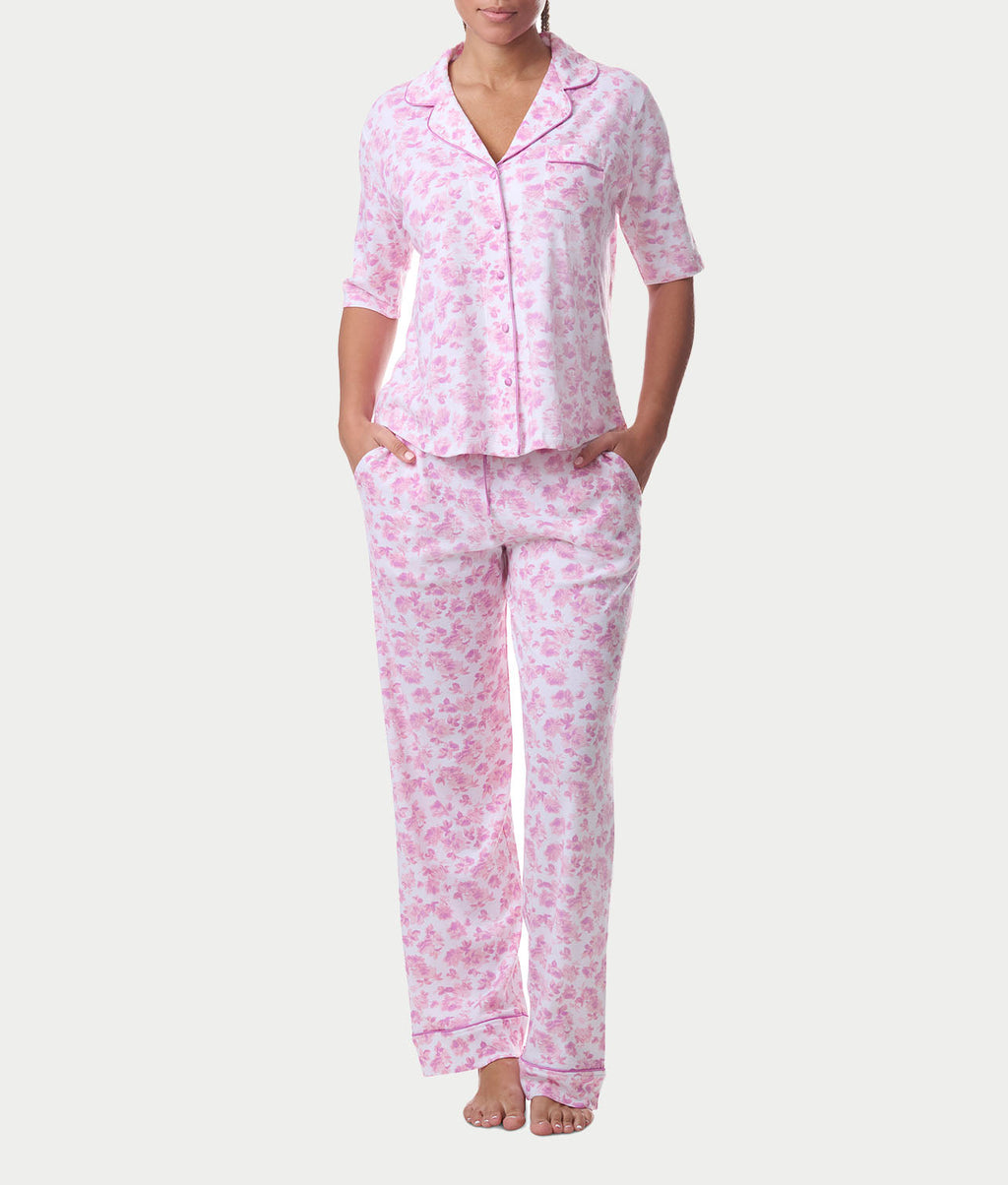 Notch Collar Elbow Sleeve Pajama Set