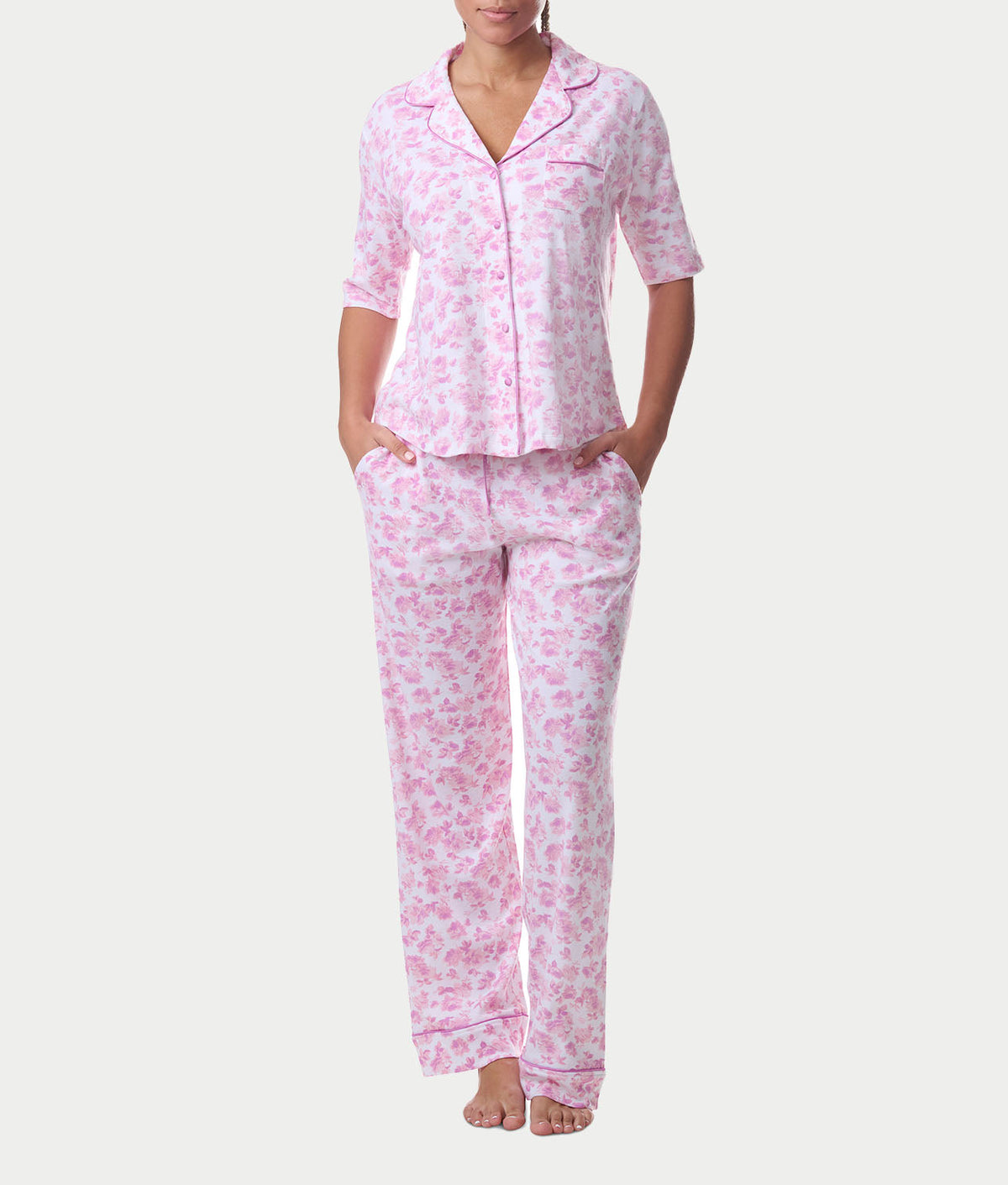 Notch Collar Elbow Sleeve Pajama Set