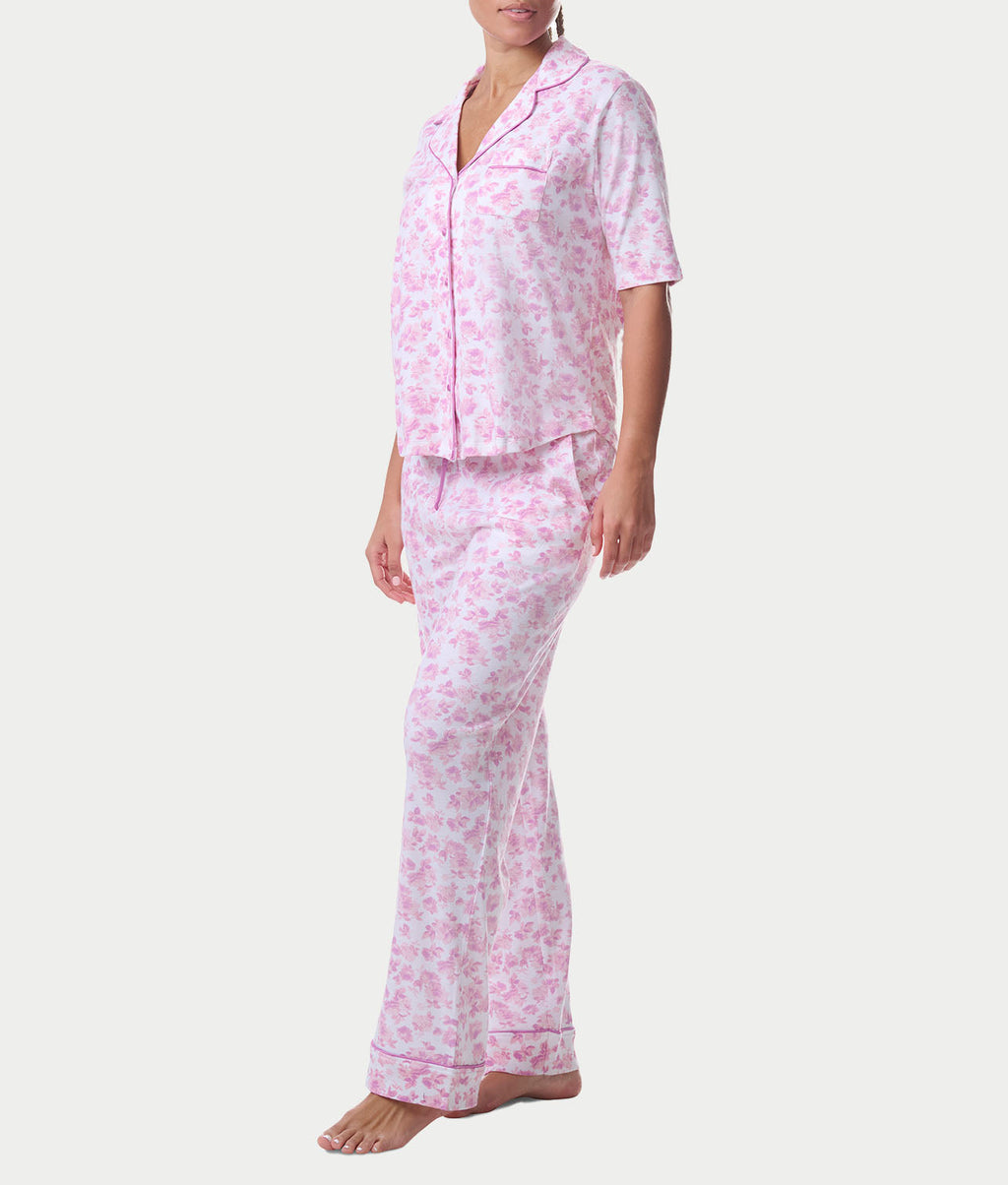 Notch Collar Elbow Sleeve Pajama Set