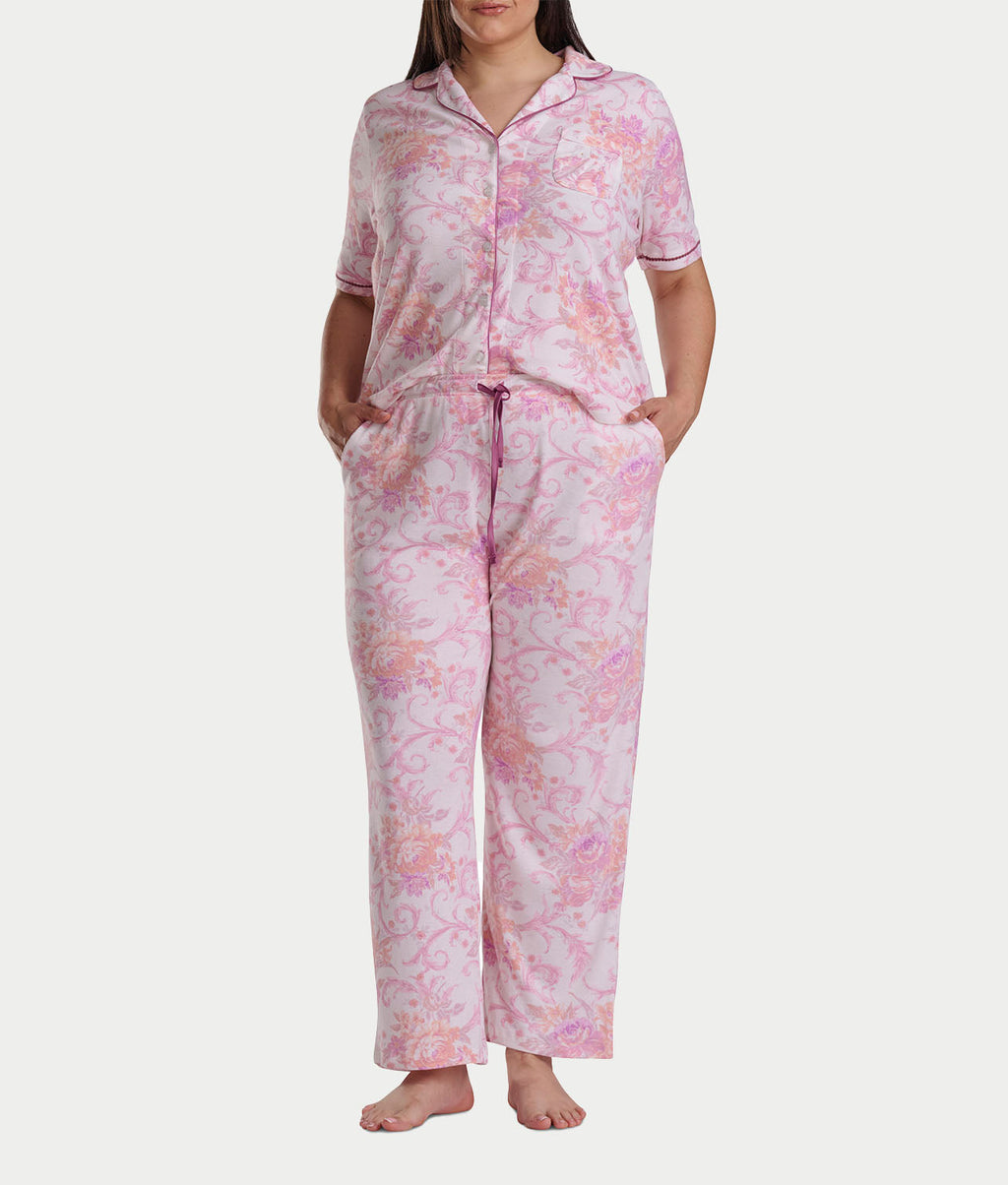 Plus Size Romantic Fields Notch Collar Pajama Set with Lace