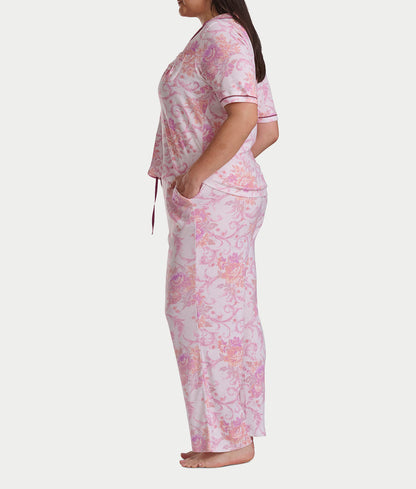 Plus Size Romantic Fields Notch Collar Pajama Set with Lace