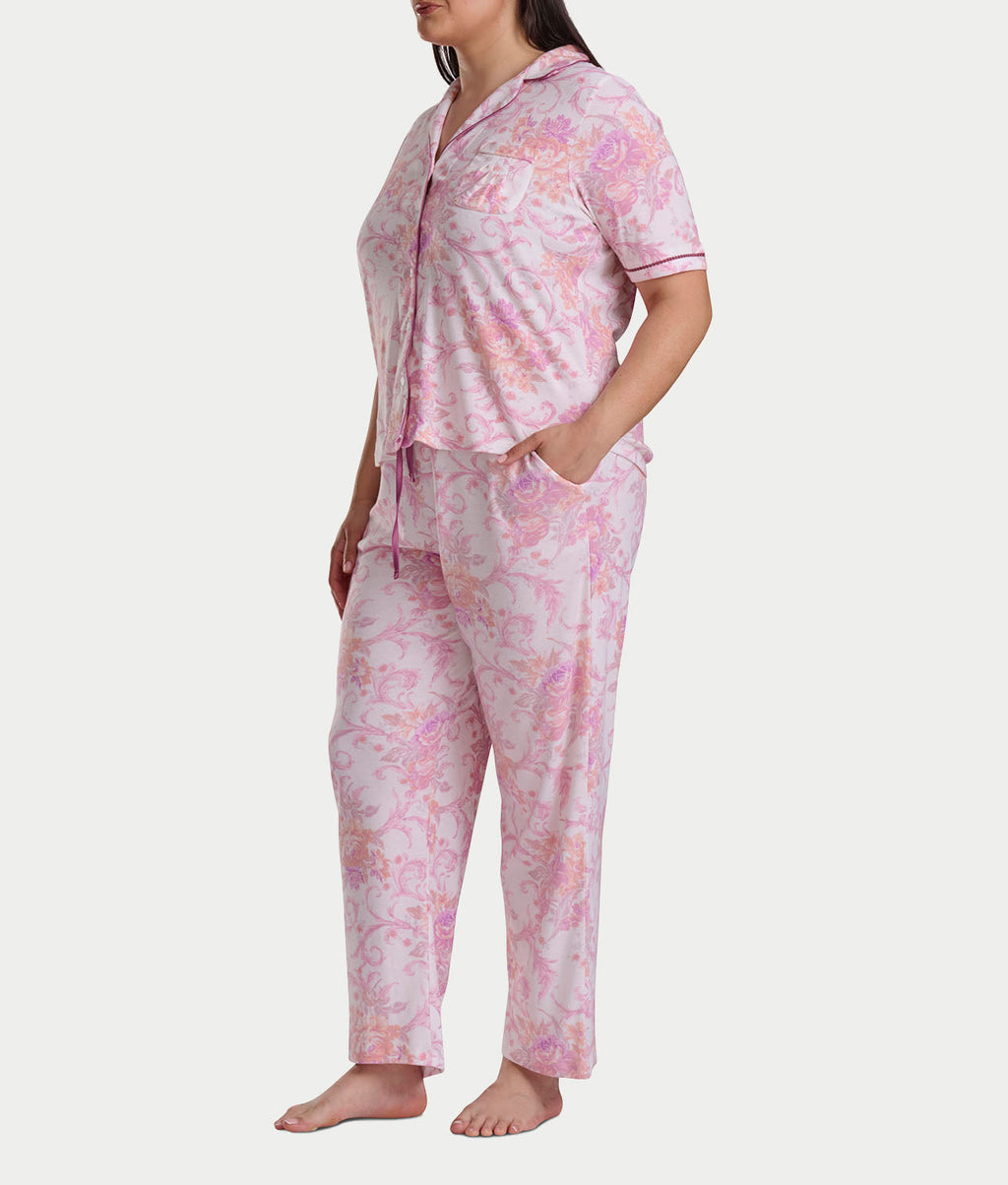 Plus Size Romantic Fields Notch Collar Pajama Set with Lace