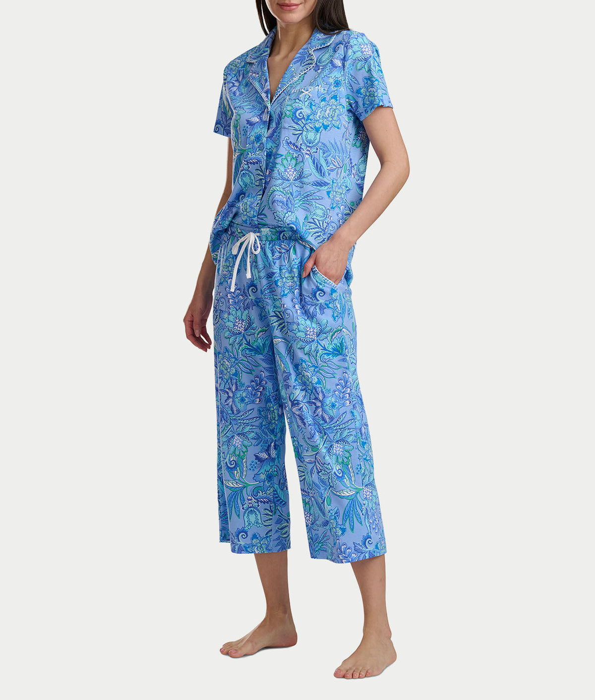 Notch Collar Knit Capri Pajama Set