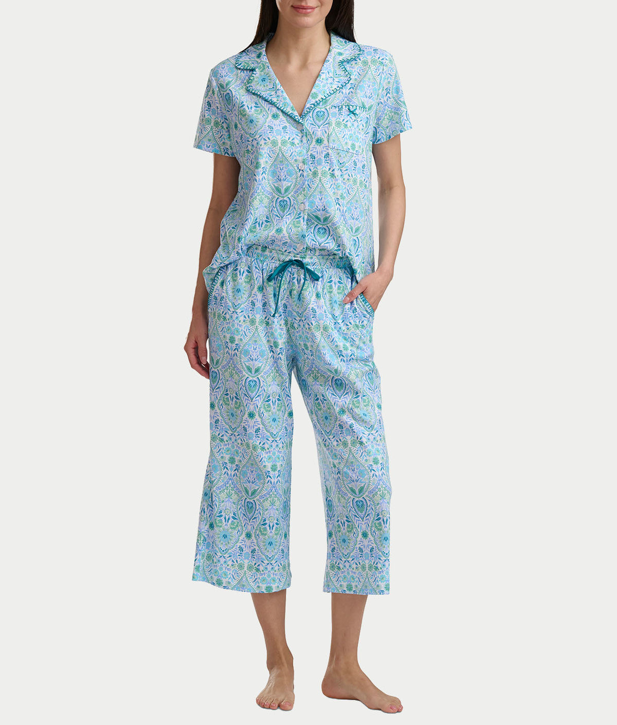 Notch Collar Knit Capri Pajama Set