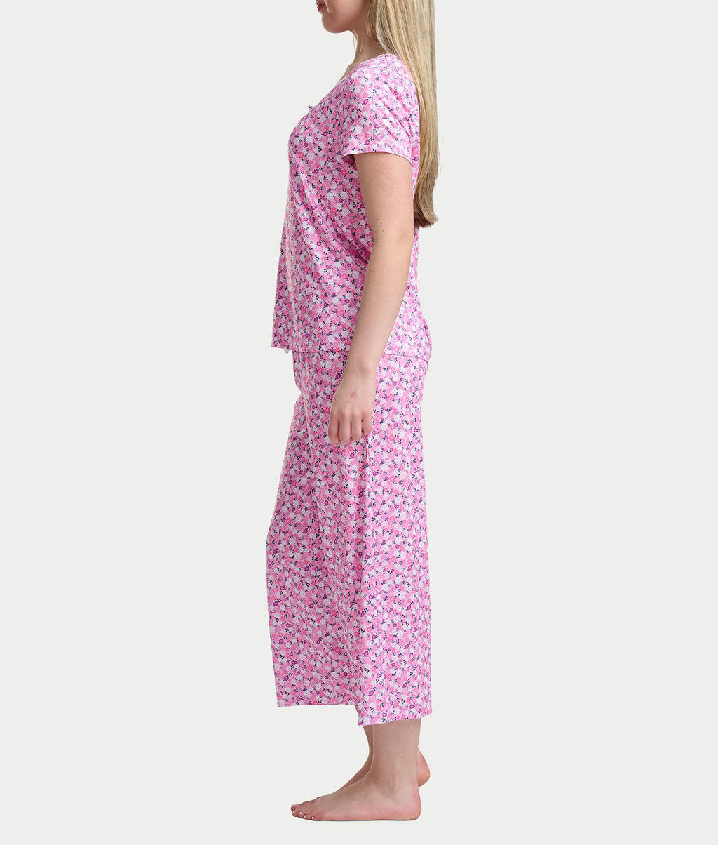 KN Cool Short Sleeve Henley Knit Cropped Pajama Set
