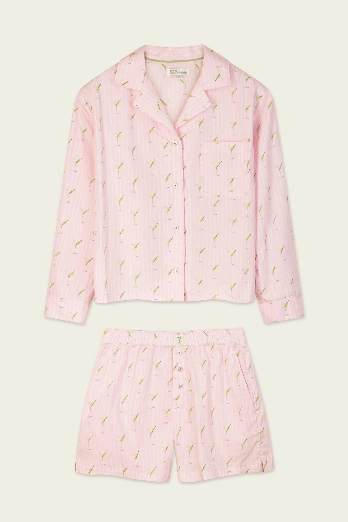 Afterparty Poplin Martini Print Long Sleeve & Shorts Pajama Set