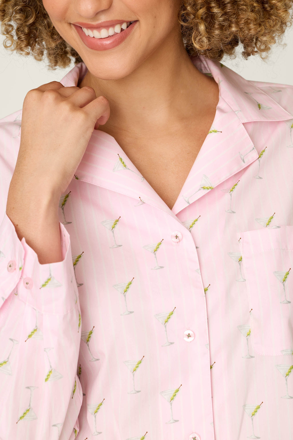 Afterparty Poplin Martini Print Long Sleeve & Shorts Pajama Set