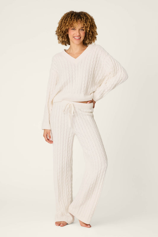 Cozy Chenille Cable Knit Ivory V-Neck Lounge Set