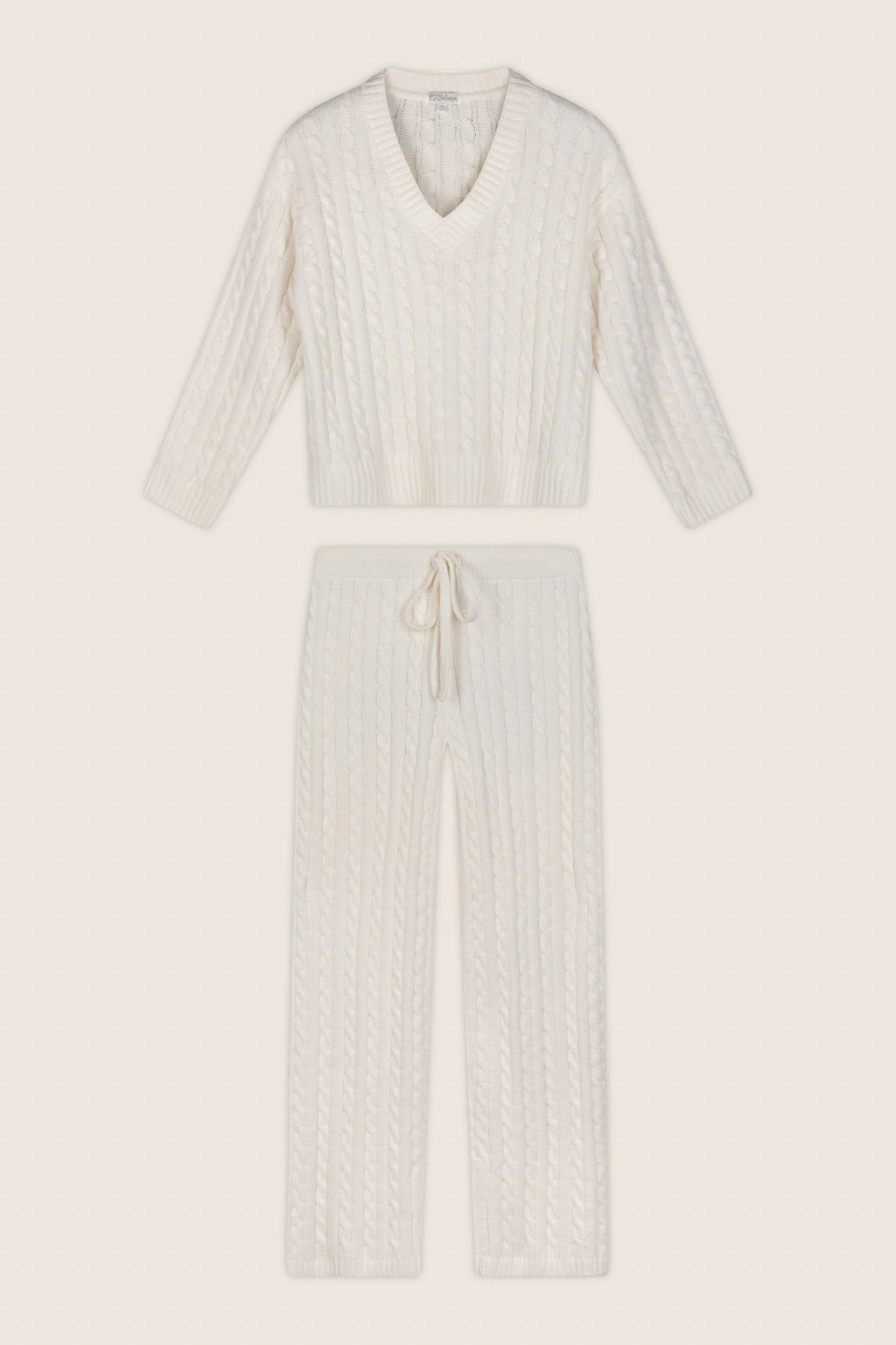 Cozy Chenille Cable Knit Ivory V-Neck Lounge Set