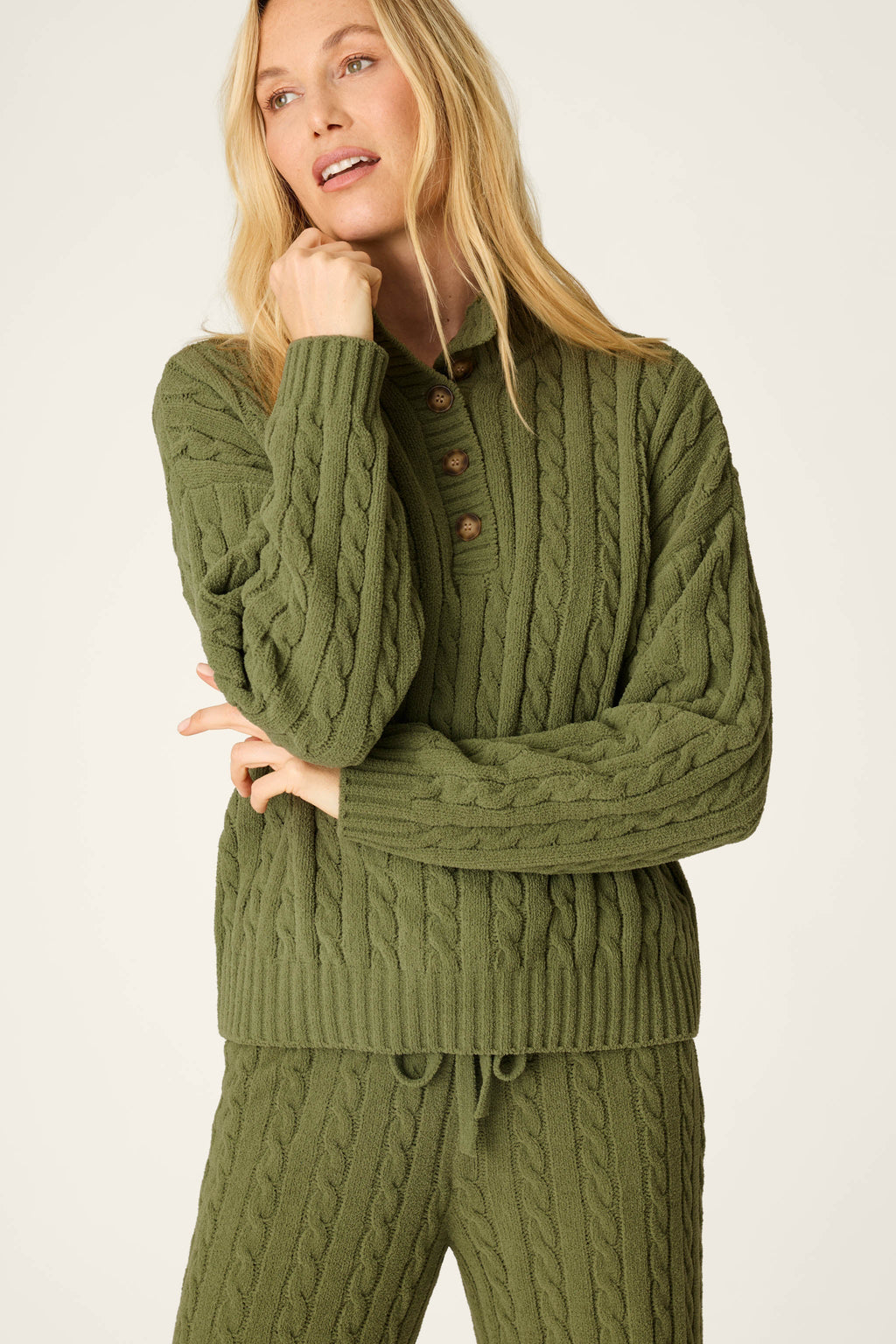 Cozy Chenille Cable Knit Olivine Pullover Lounge Set
