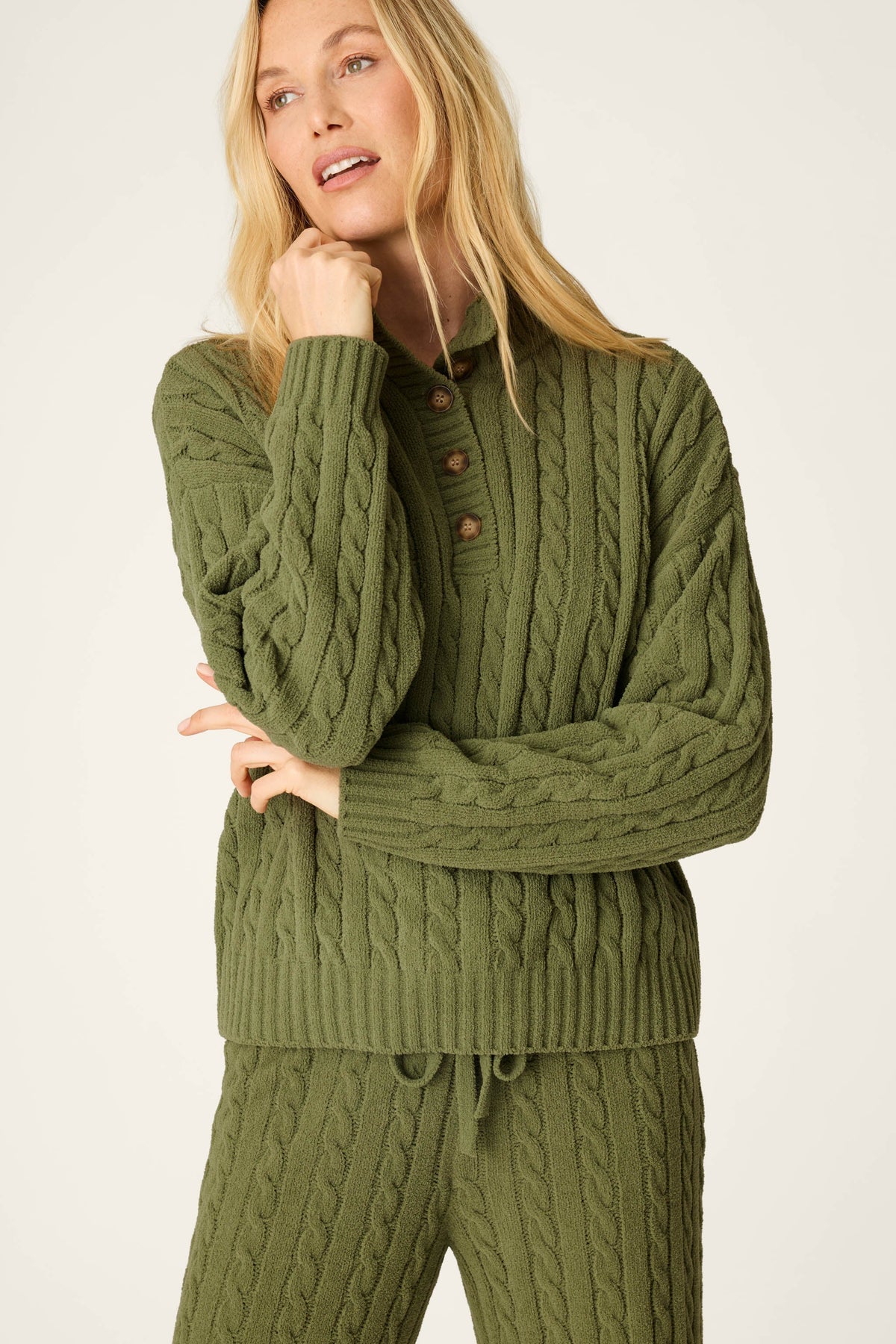 Cozy Chenille Cable Knit Olivine Pullover Lounge Set