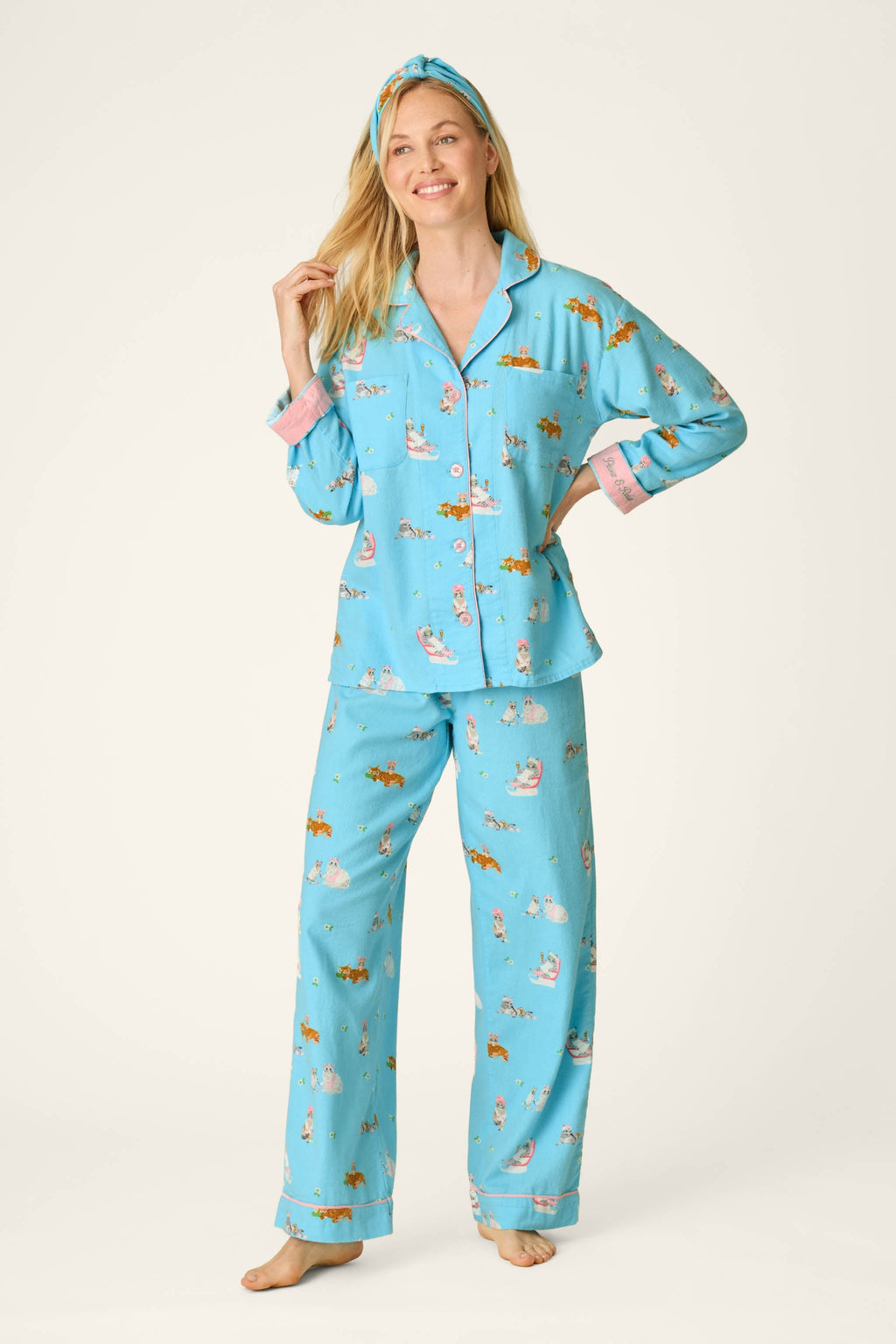 Pampered Cat Print 3-Piece Flannel Pajama Set