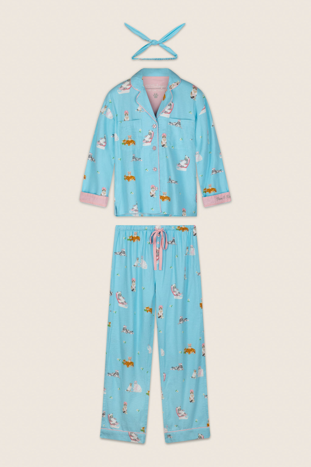 Pampered Cat Print 3-Piece Flannel Pajama Set