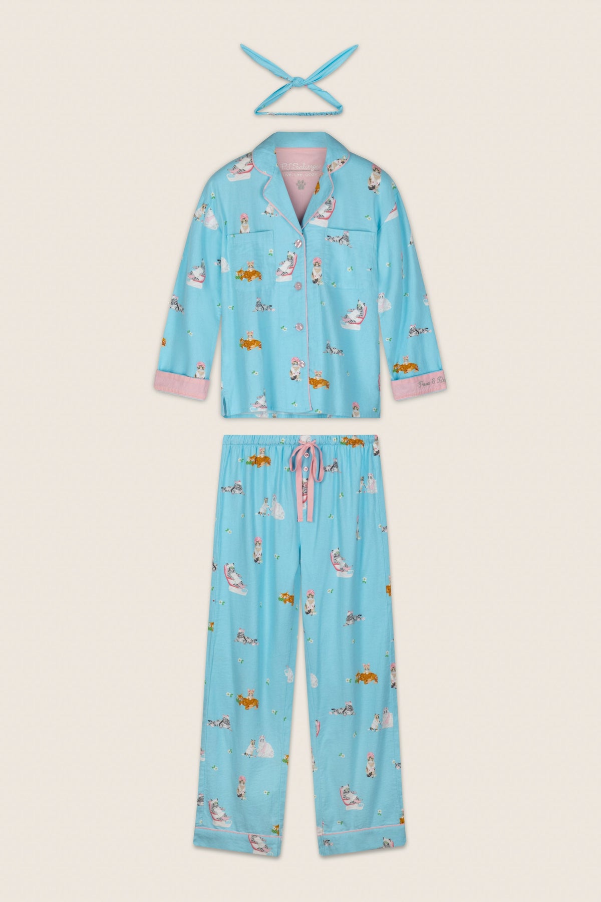 Pampered Cat Print 3-Piece Flannel Pajama Set
