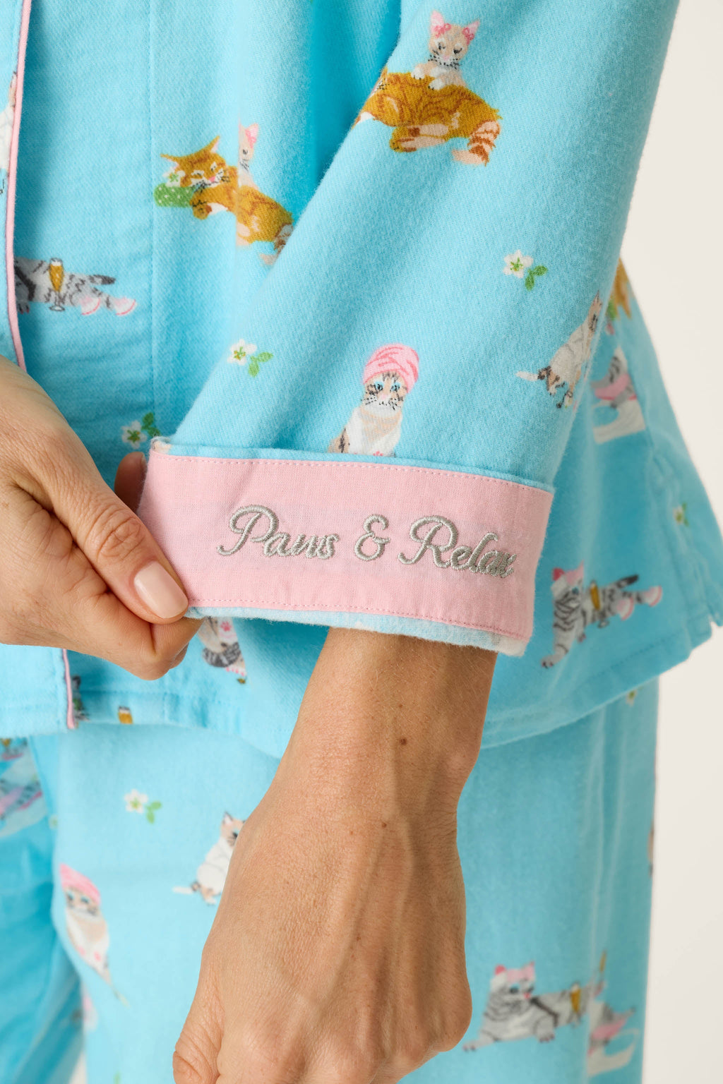 Pampered Cat Print 3-Piece Flannel Pajama Set