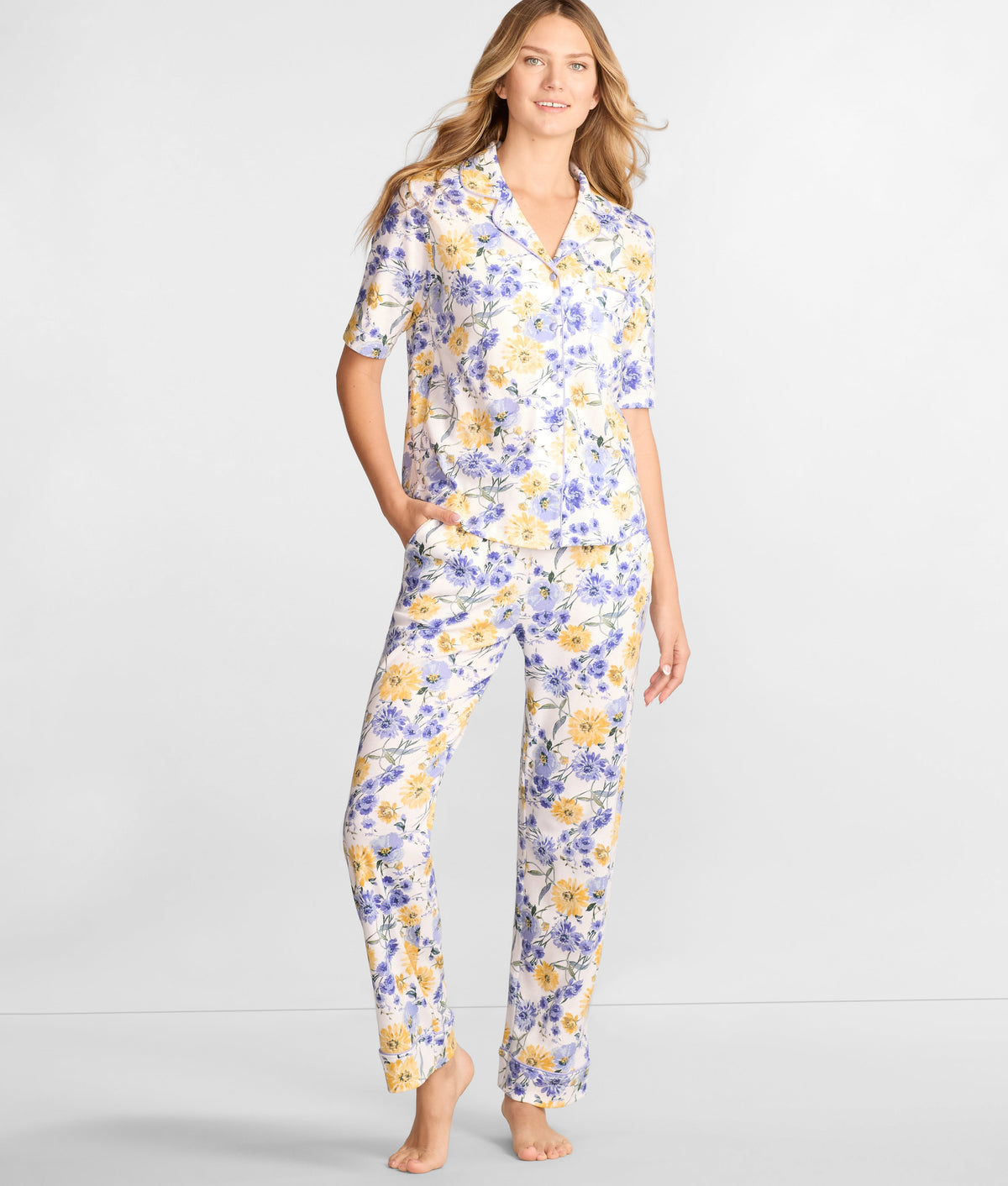 Notch Collar Elbow Sleeve Pajama Set