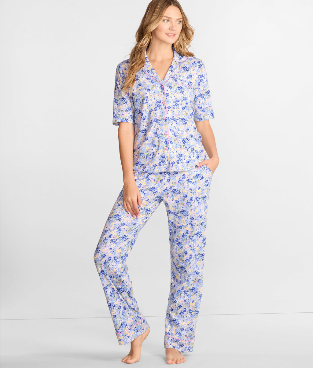 Notch Collar Elbow Sleeve Pajama Set