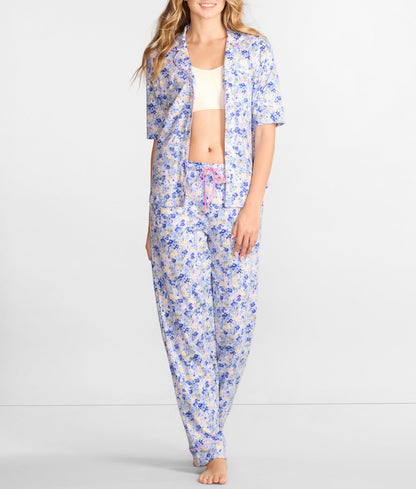 Notch Collar Elbow Sleeve Pajama Set