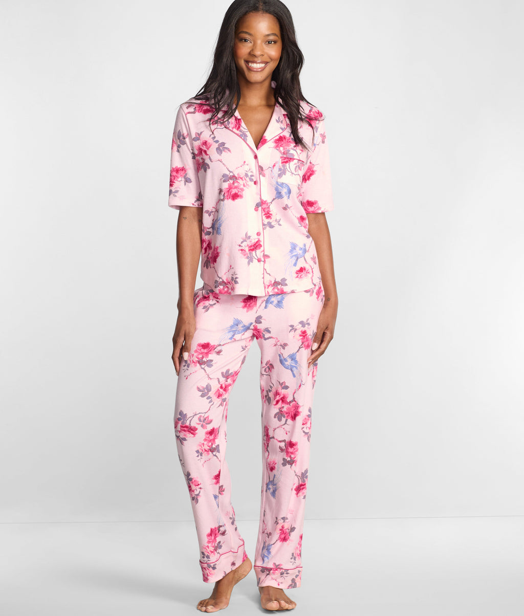 Notch Collar Elbow Sleeve Pajama Set