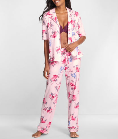 Notch Collar Elbow Sleeve Pajama Set