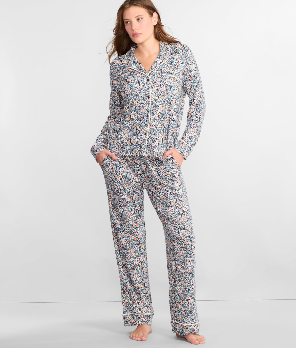 Notch Collar Woven Pajama Set